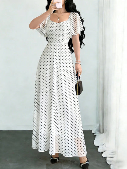 Modelyn Women's White With Black Polka Dots Square Neck Cap Sleeve Maxi Dress,Summer Elegant Waist-Cinched Minimalist Long Dress For Vacation,Date&Daily