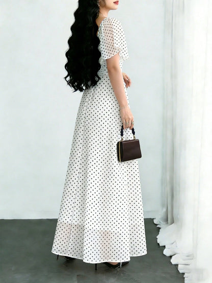 Modelyn Women's White With Black Polka Dots Square Neck Cap Sleeve Maxi Dress,Summer Elegant Waist-Cinched Minimalist Long Dress For Vacation,Date&Daily