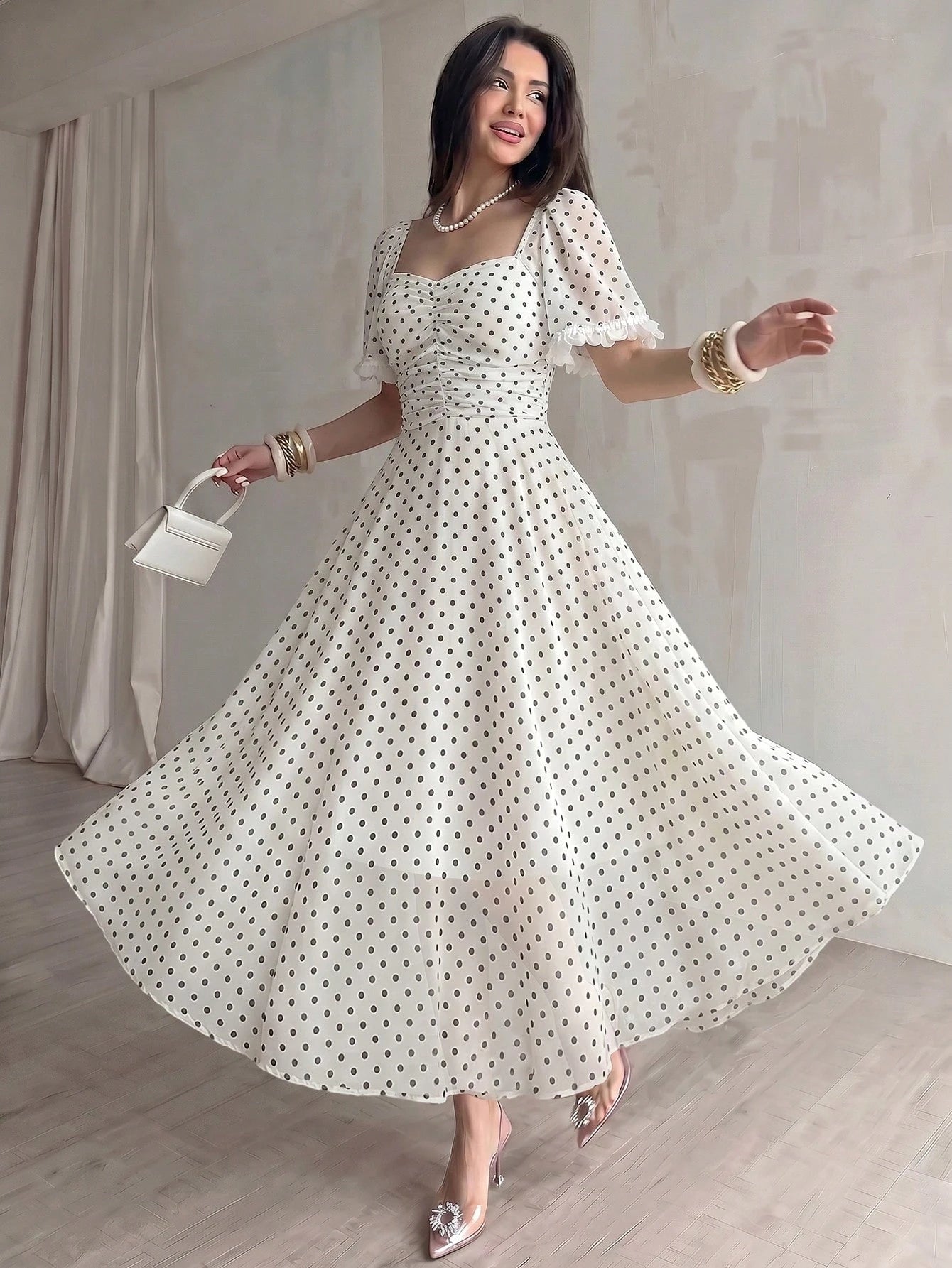 Modelyn Women's White With Black Polka Dots Square Neck Cap Sleeve Maxi Dress,Summer Elegant Waist-Cinched Minimalist Long Dress For Vacation,Date&Daily