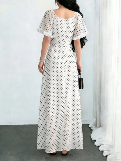 Modelyn Women's White With Black Polka Dots Square Neck Cap Sleeve Maxi Dress,Summer Elegant Waist-Cinched Minimalist Long Dress For Vacation,Date&Daily