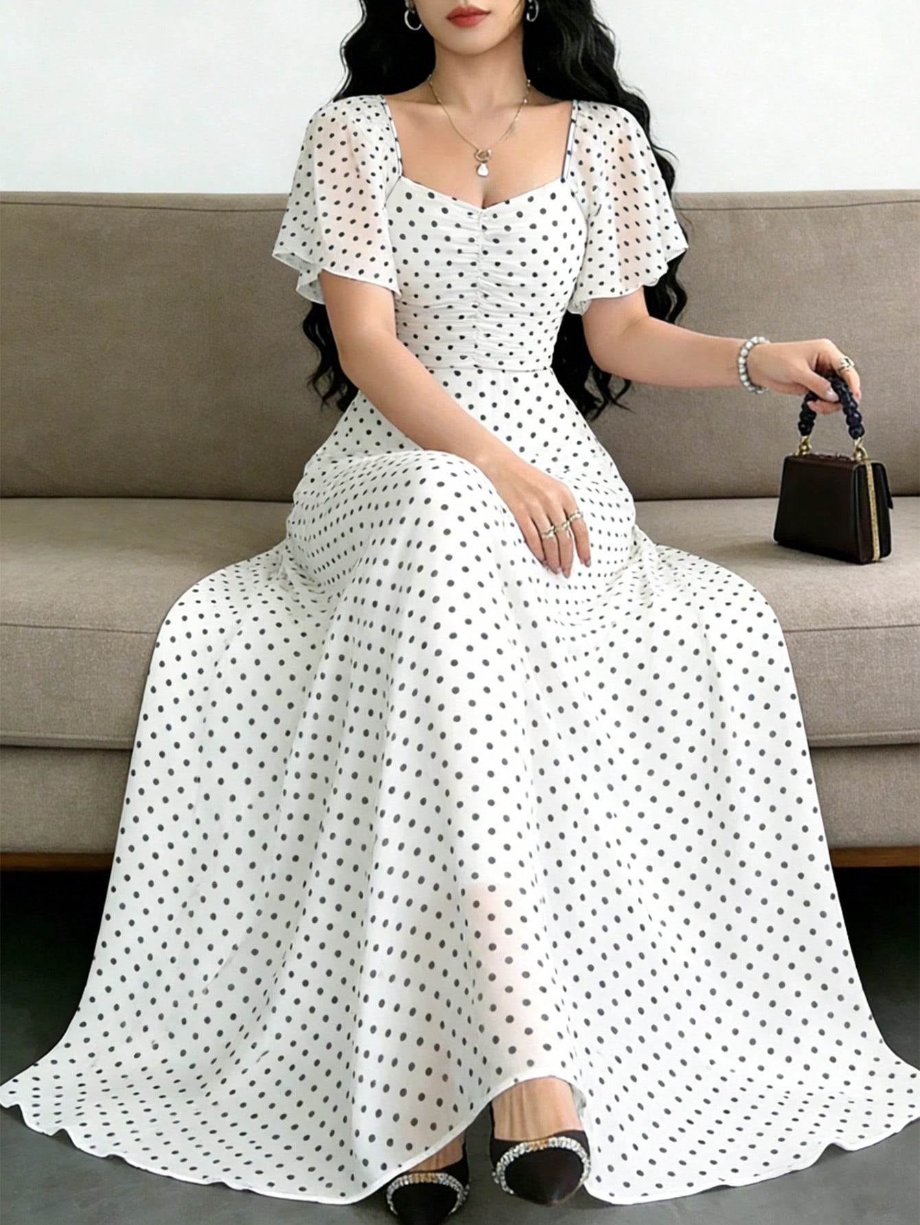 Modelyn Women's White With Black Polka Dots Square Neck Cap Sleeve Maxi Dress,Summer Elegant Waist-Cinched Minimalist Long Dress For Vacation,Date&Daily