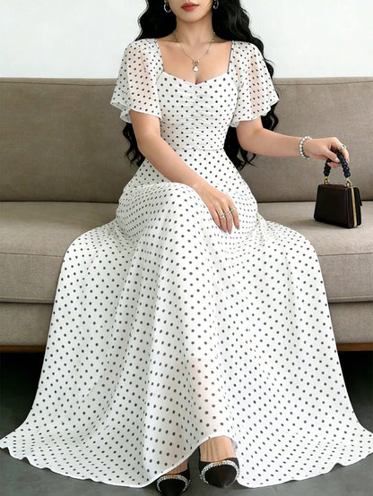 Modelyn Women's White With Black Polka Dots Square Neck Cap Sleeve Maxi Dress,Summer Elegant Waist-Cinched Minimalist Long Dress For Vacation,Date&Daily