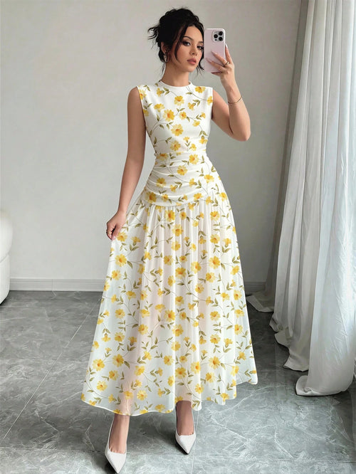 Modelyn Yellow Floral Pattern French Style Dress, Women's Fashion Low Neckline Sleeveless Waist-Defining Long Dress, Ruched Waist Slimming Design, Floral Past