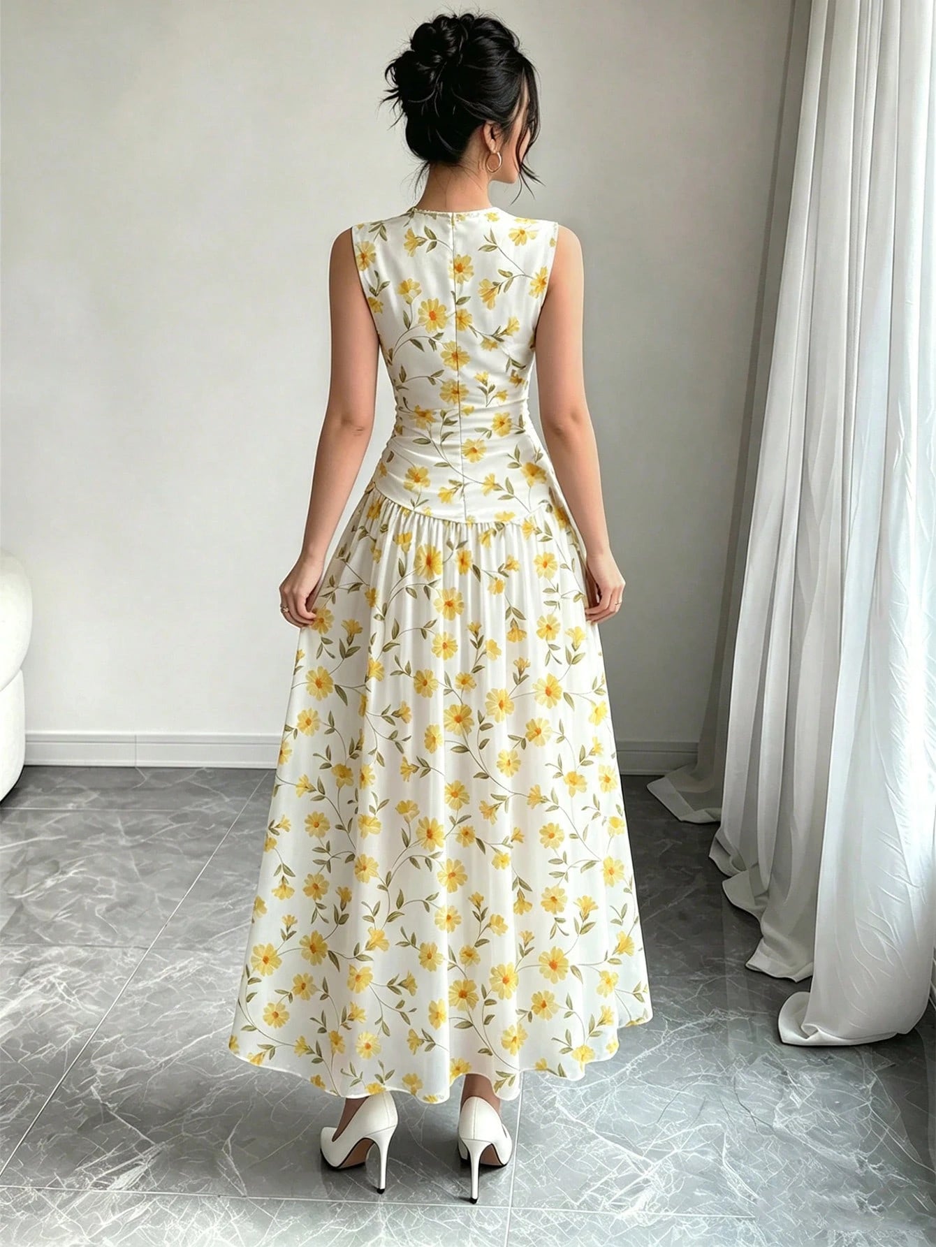 Modelyn Yellow Floral Pattern French Style Dress, Women's Fashion Low Neckline Sleeveless Waist-Defining Long Dress, Ruched Waist Slimming Design, Floral Past