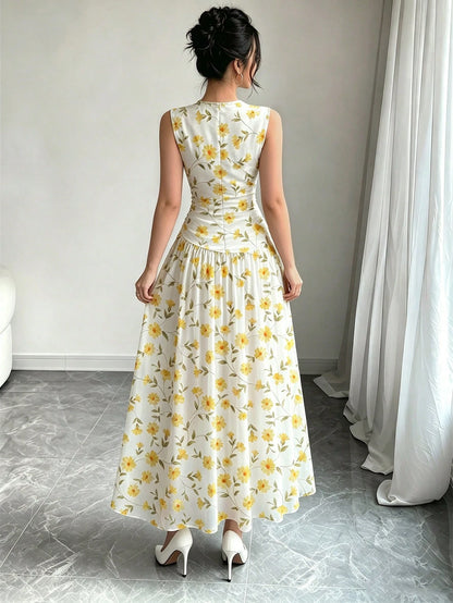 Modelyn Yellow Floral Pattern French Style Dress, Women's Fashion Low Neckline Sleeveless Waist-Defining Long Dress, Ruched Waist Slimming Design, Floral Past