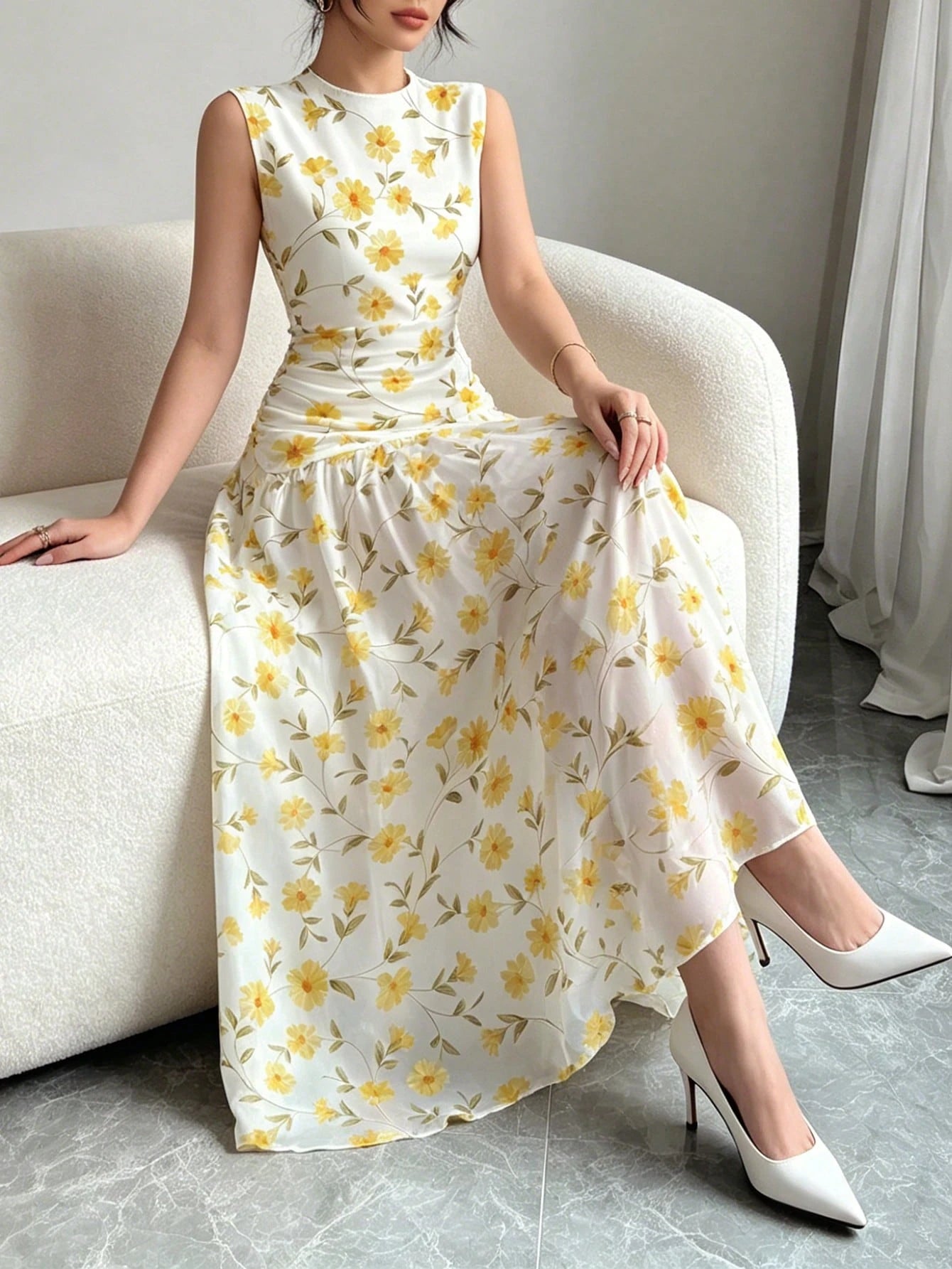 Modelyn Yellow Floral Pattern French Style Dress, Women's Fashion Low Neckline Sleeveless Waist-Defining Long Dress, Ruched Waist Slimming Design, Floral Past