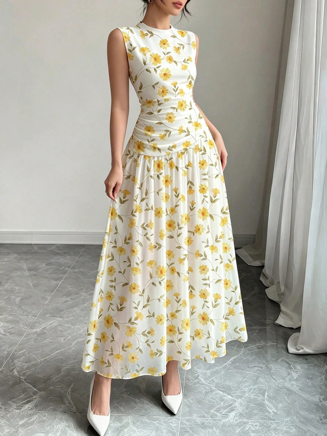 Modelyn Yellow Floral Pattern French Style Dress, Women's Fashion Low Neckline Sleeveless Waist-Defining Long Dress, Ruched Waist Slimming Design, Floral Past