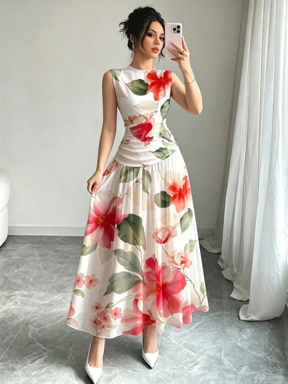 Modelyn Yellow Floral Pattern French Style Dress, Women's Fashion Low Neckline Sleeveless Waist-Defining Long Dress, Ruched Waist Slimming Design, Floral Past