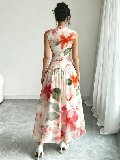 Modelyn Yellow Floral Pattern French Style Dress, Women's Fashion Low Neckline Sleeveless Waist-Defining Long Dress, Ruched Waist Slimming Design, Floral Past