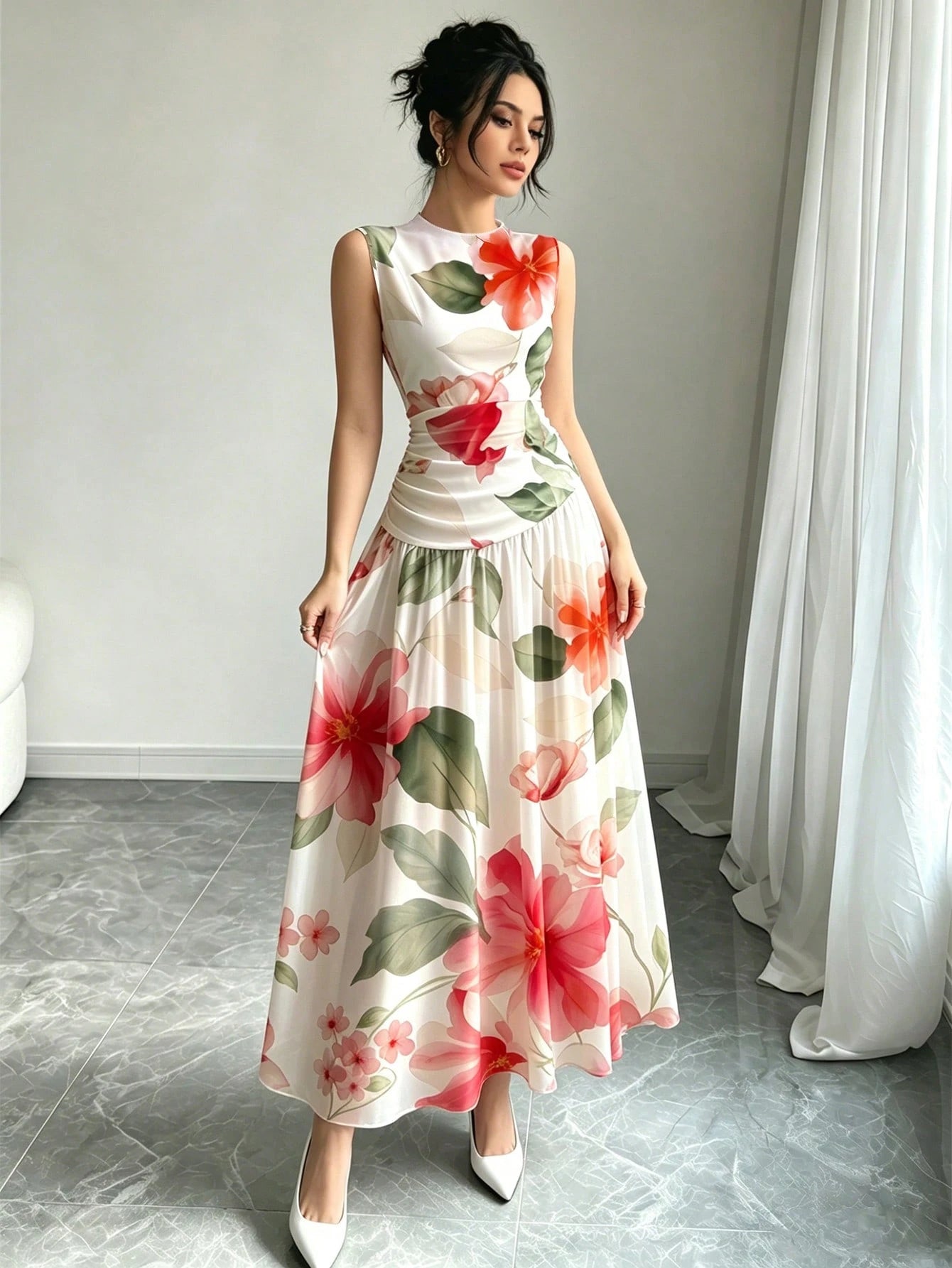 Modelyn Yellow Floral Pattern French Style Dress, Women's Fashion Low Neckline Sleeveless Waist-Defining Long Dress, Ruched Waist Slimming Design, Floral Past