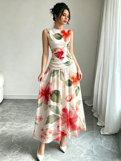 Modelyn Yellow Floral Pattern French Style Dress, Women's Fashion Low Neckline Sleeveless Waist-Defining Long Dress, Ruched Waist Slimming Design, Floral Past
