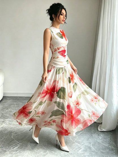 Modelyn Yellow Floral Pattern French Style Dress, Women's Fashion Low Neckline Sleeveless Waist-Defining Long Dress, Ruched Waist Slimming Design, Floral Past