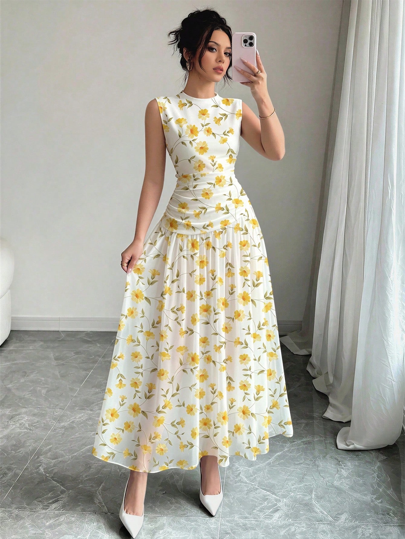 Modelyn Yellow Floral Pattern French Style Dress, Women's Fashion Low Neckline Sleeveless Waist-Defining Long Dress, Ruched Waist Slimming Design, Floral Past