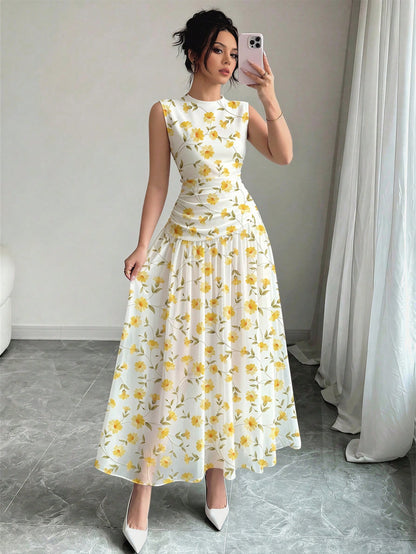 Modelyn Yellow Floral Pattern French Style Dress, Women's Fashion Low Neckline Sleeveless Waist-Defining Long Dress, Ruched Waist Slimming Design, Floral Past