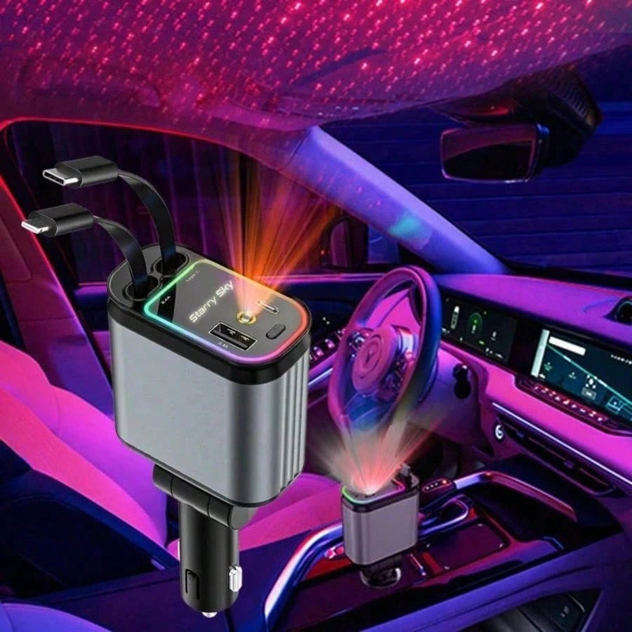 [Modern Car's Great Choice]W&O 7-Color Ambient Light And Red Starry Sky Projection Light Retractable Car Charger, Creating A Romantic Interior Atmosphere, 4-In-1 Fast Phone Charger, Dual Charging Port