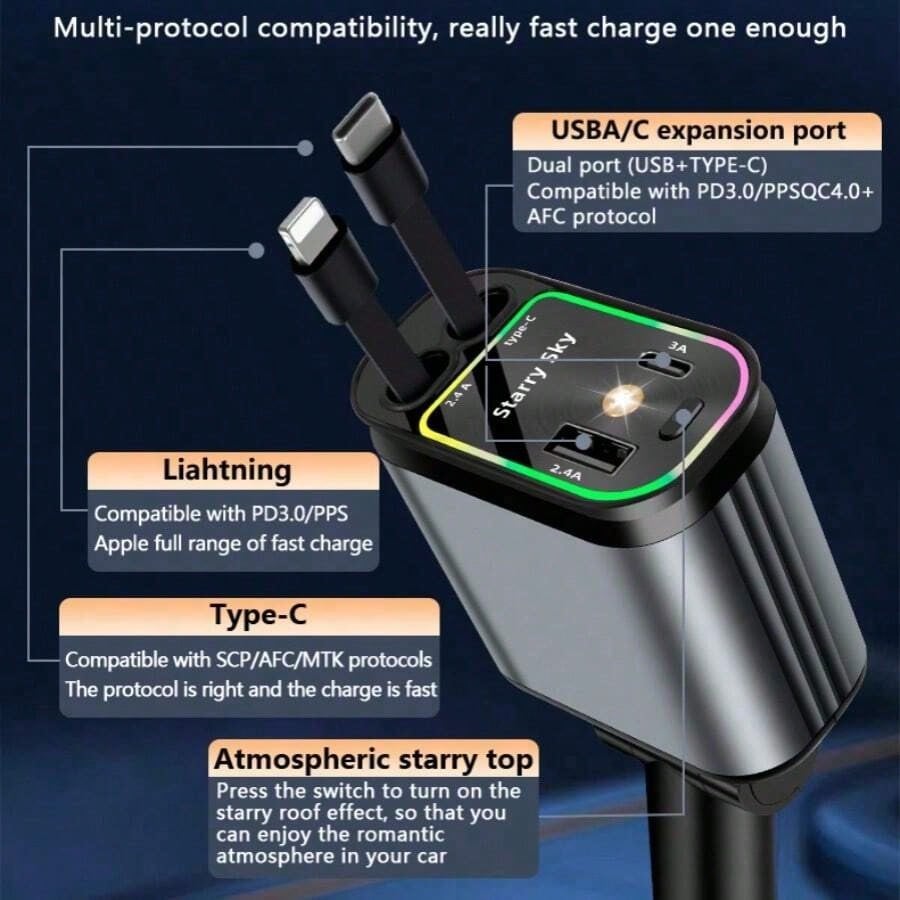 [Modern Car's Great Choice]W&O 7-Color Ambient Light And Red Starry Sky Projection Light Retractable Car Charger, Creating A Romantic Interior Atmosphere, 4-In-1 Fast Phone Charger, Dual Charging Port