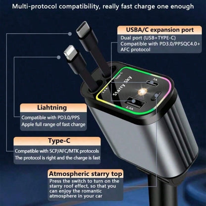 [Modern Car's Great Choice]W&O 7-Color Ambient Light And Red Starry Sky Projection Light Retractable Car Charger, Creating A Romantic Interior Atmosphere, 4-In-1 Fast Phone Charger, Dual Charging Port