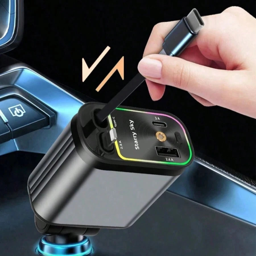 [Modern Car's Great Choice]W&O 7-Color Ambient Light And Red Starry Sky Projection Light Retractable Car Charger, Creating A Romantic Interior Atmosphere, 4-In-1 Fast Phone Charger, Dual Charging Port