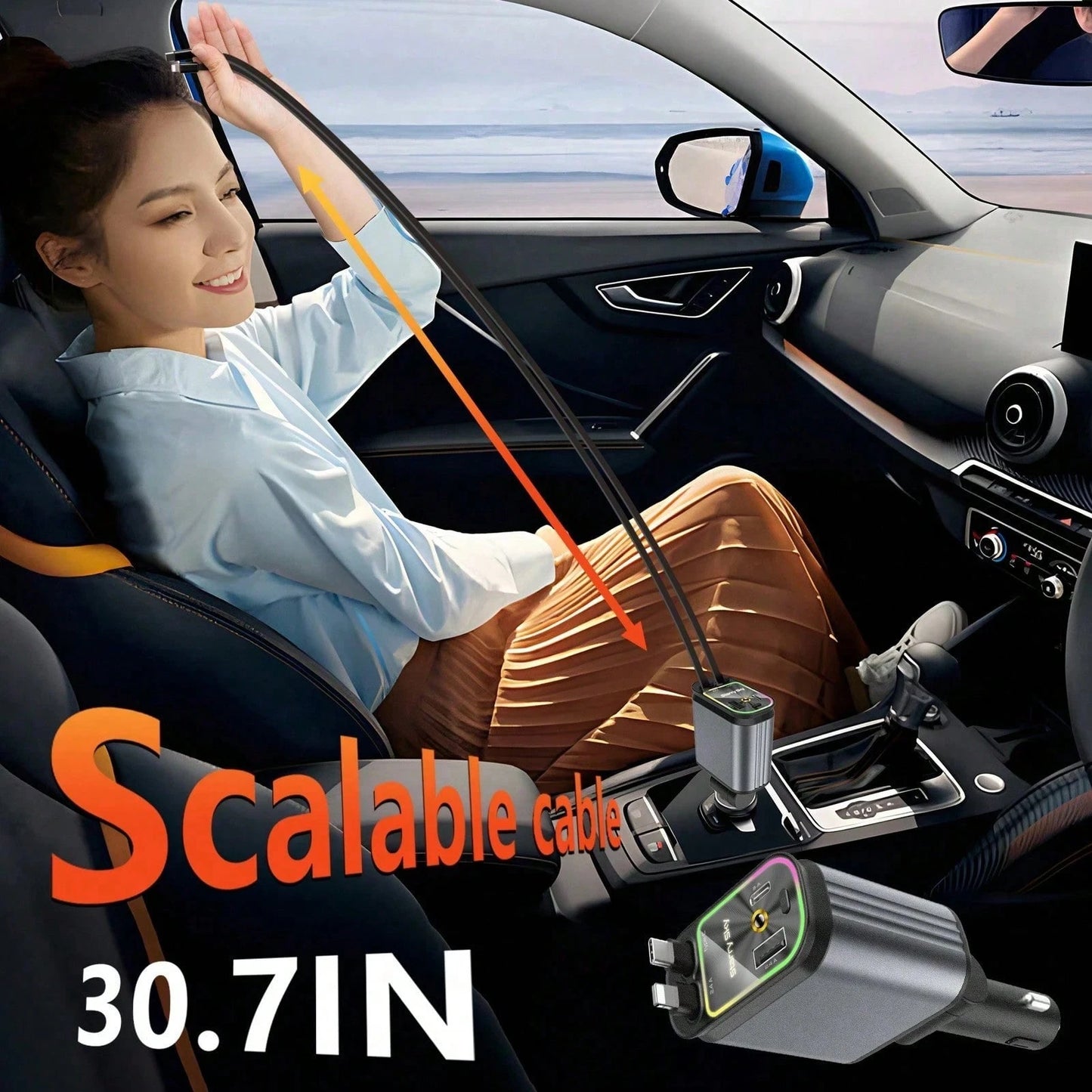 [Modern Car's Great Choice]W&O 7-Color Ambient Light And Red Starry Sky Projection Light Retractable Car Charger, Creating A Romantic Interior Atmosphere, 4-In-1 Fast Phone Charger, Dual Charging Port