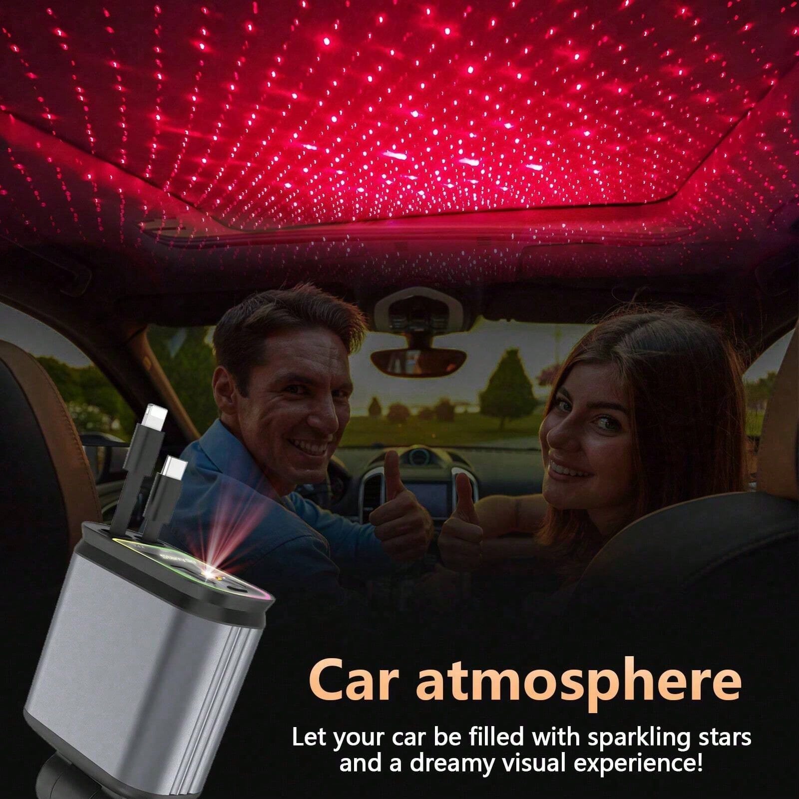 [Modern Car's Great Choice]W&O 7-Color Ambient Light And Red Starry Sky Projection Light Retractable Car Charger, Creating A Romantic Interior Atmosphere, 4-In-1 Fast Phone Charger, Dual Charging Port