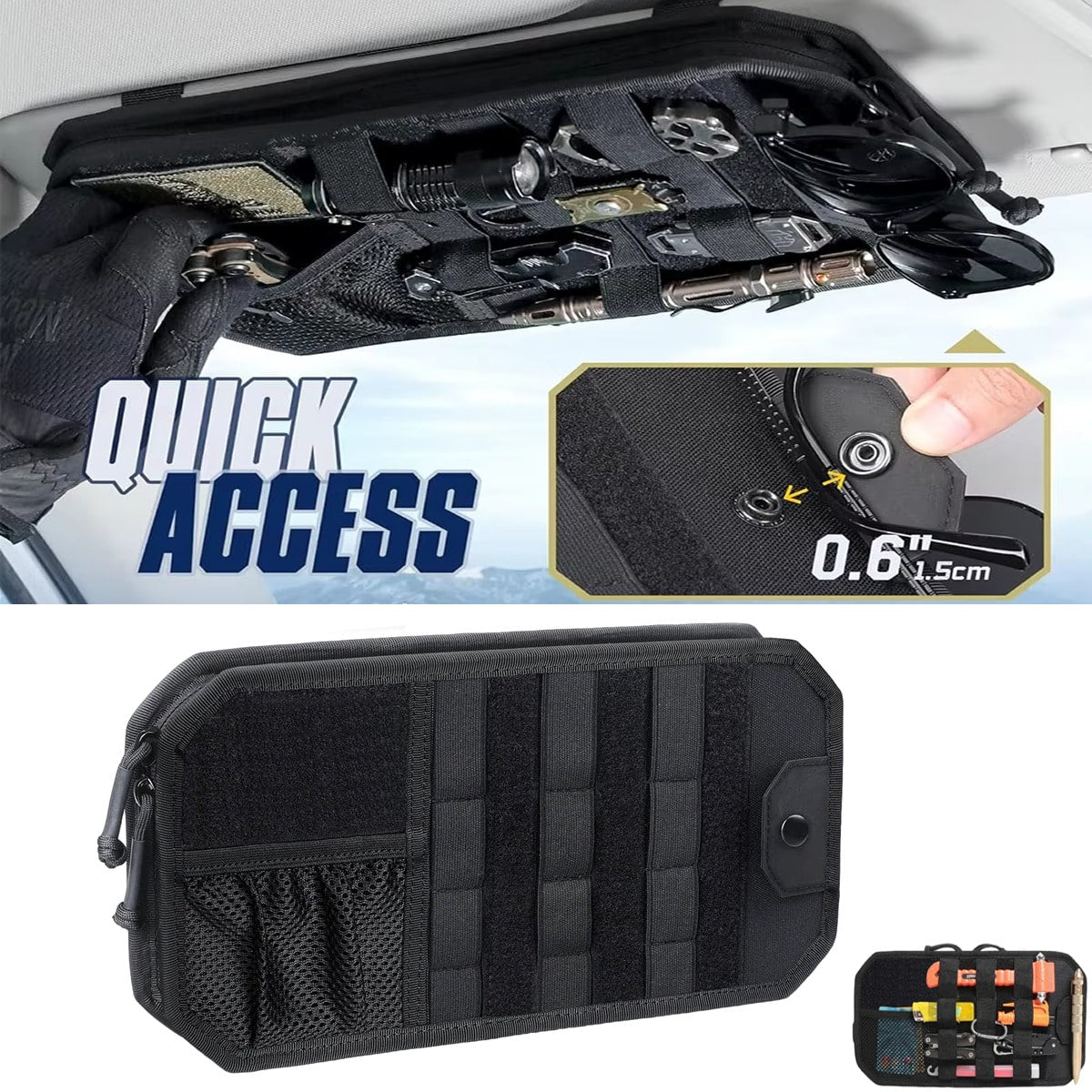 Molle Car Sun Visor Organizer, Original Design Car Accessories With Zipper Visor Storage Pouch & Glasses Clip, Semi-Rigid Molle Panel For Tactical Gears, Fits Most Vehicles, SUVs, Trucks