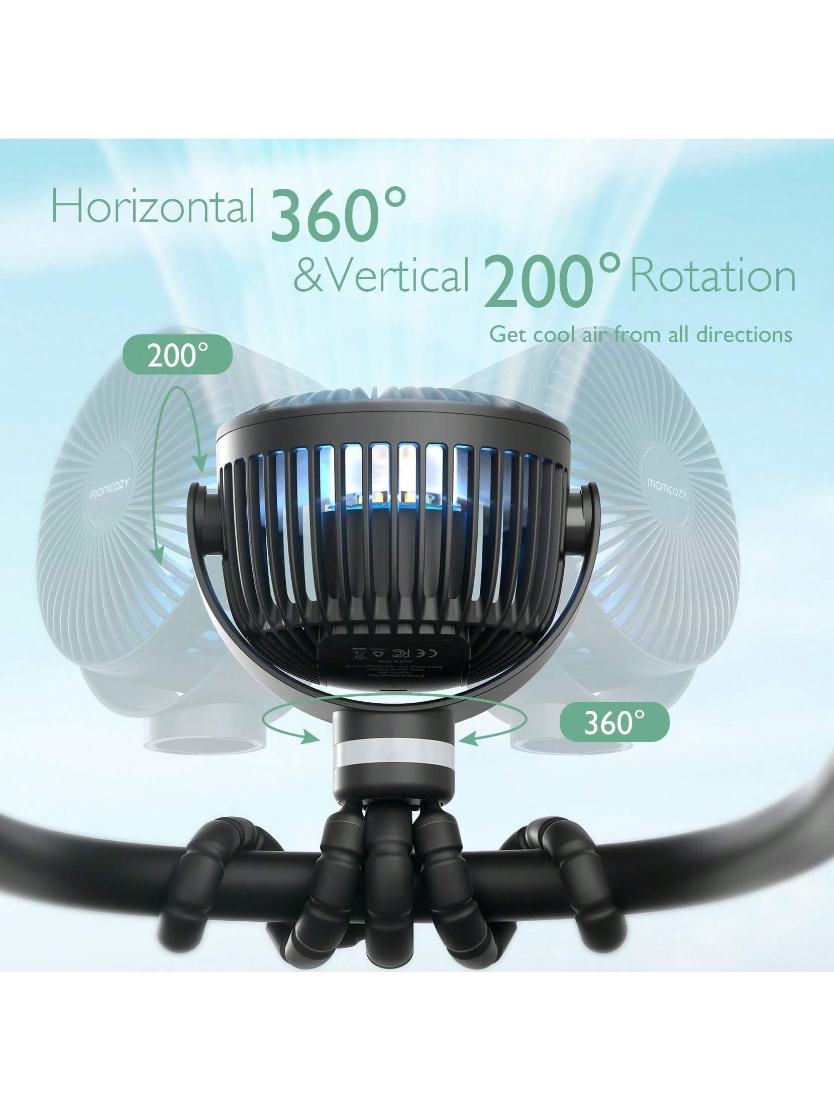 Momcozy Portable Stroller Fan, 27H Ultra-Long Battery Life, Detachable 4 Speed 360°Rotate