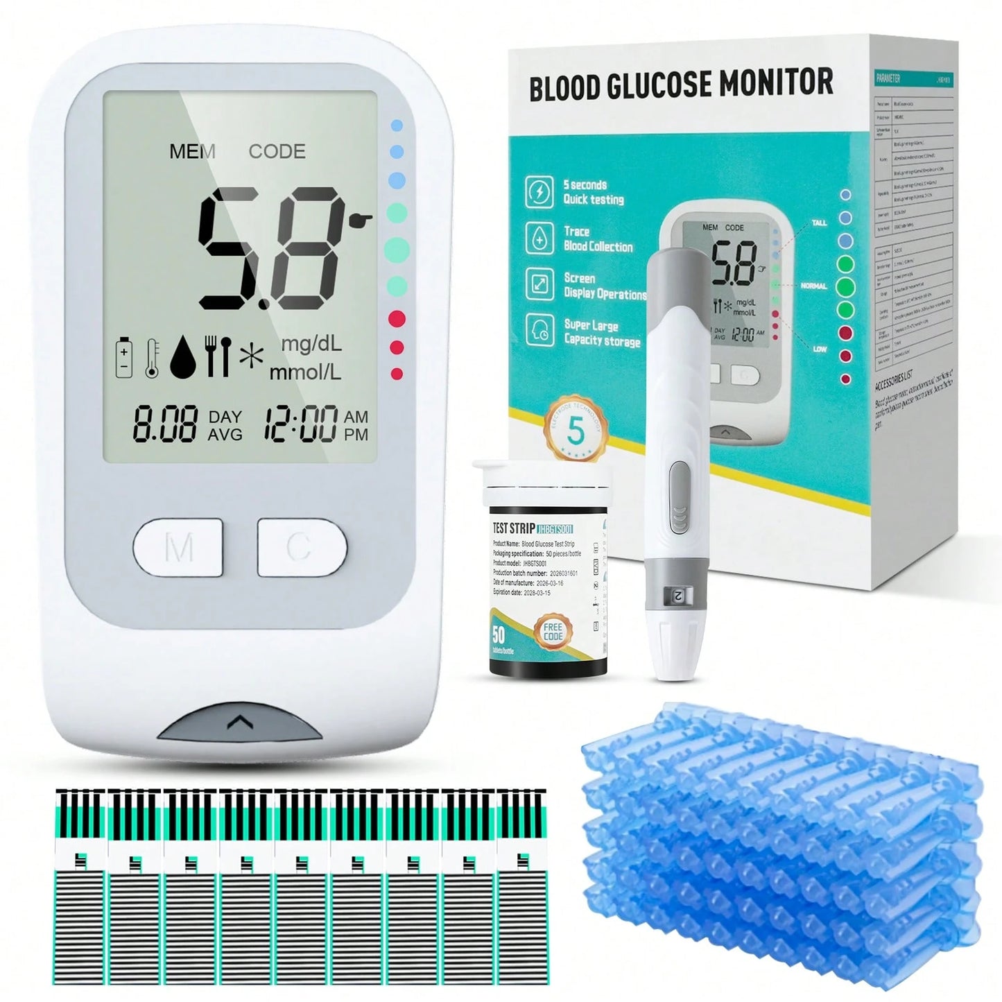 MOOD LIGHT Home Glucose Monitor Kit, Comes With 1 Glucose Meter, 1 Lancet Pen, 50 Test Strips, 50 Lancets, A Five-Level Adjustable Low-Pain Lancing Device, Smart And Portable. Perfect For Home Use, Tr