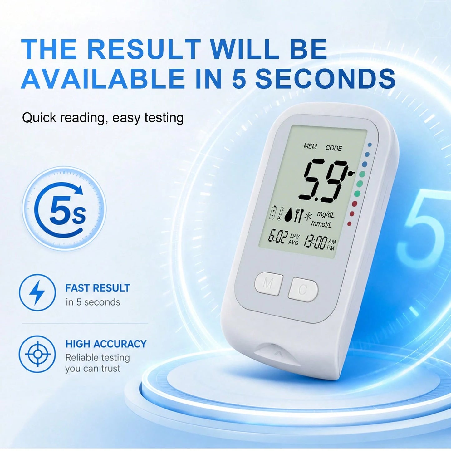 MOOD LIGHT Home Glucose Monitor Kit, Comes With 1 Glucose Meter, 1 Lancet Pen, 50 Test Strips, 50 Lancets, A Five-Level Adjustable Low-Pain Lancing Device, Smart And Portable. Perfect For Home Use, Tr