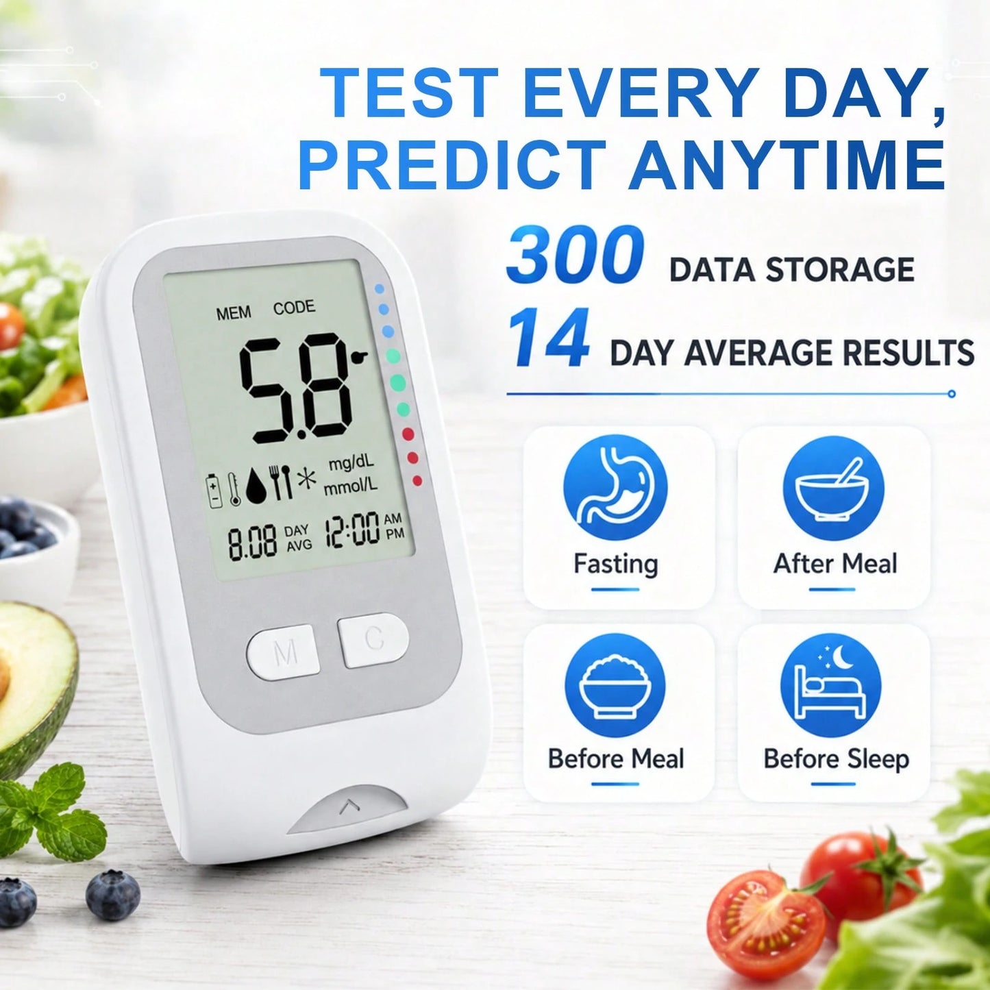 MOOD LIGHT Home Glucose Monitor Kit, Comes With 1 Glucose Meter, 1 Lancet Pen, 50 Test Strips, 50 Lancets, A Five-Level Adjustable Low-Pain Lancing Device, Smart And Portable. Perfect For Home Use, Tr