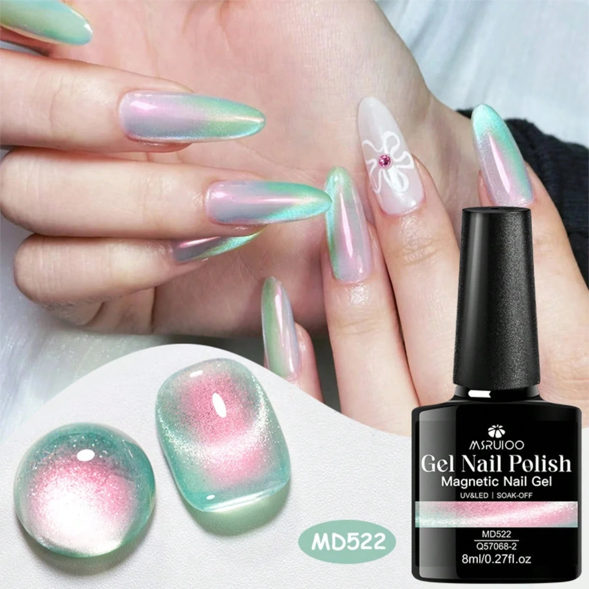 MSRUIOO 8ml Aurora Magnetic Cat Eye Gel Nail Polish- Removable UV/LED Gel Spring/Summer Nail Gel With Rainbow Shimmer Effect