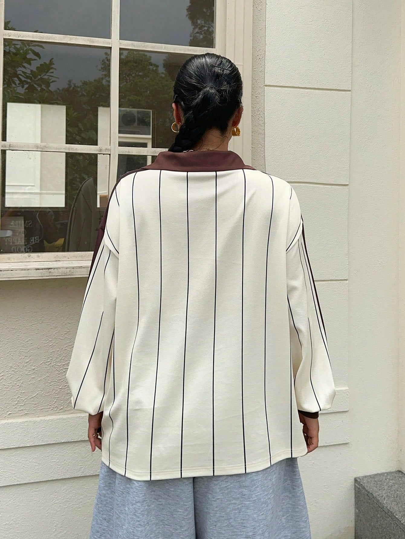Muchica Casual Women's Plus Size Striped Drop Shoulder Long Sleeve T-Shirt Fall