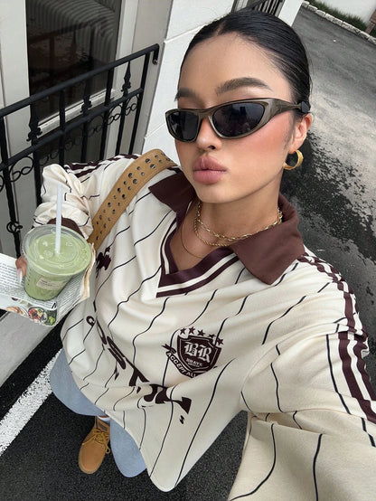 Muchica Casual Women's Plus Size Striped Drop Shoulder Long Sleeve T-Shirt Fall