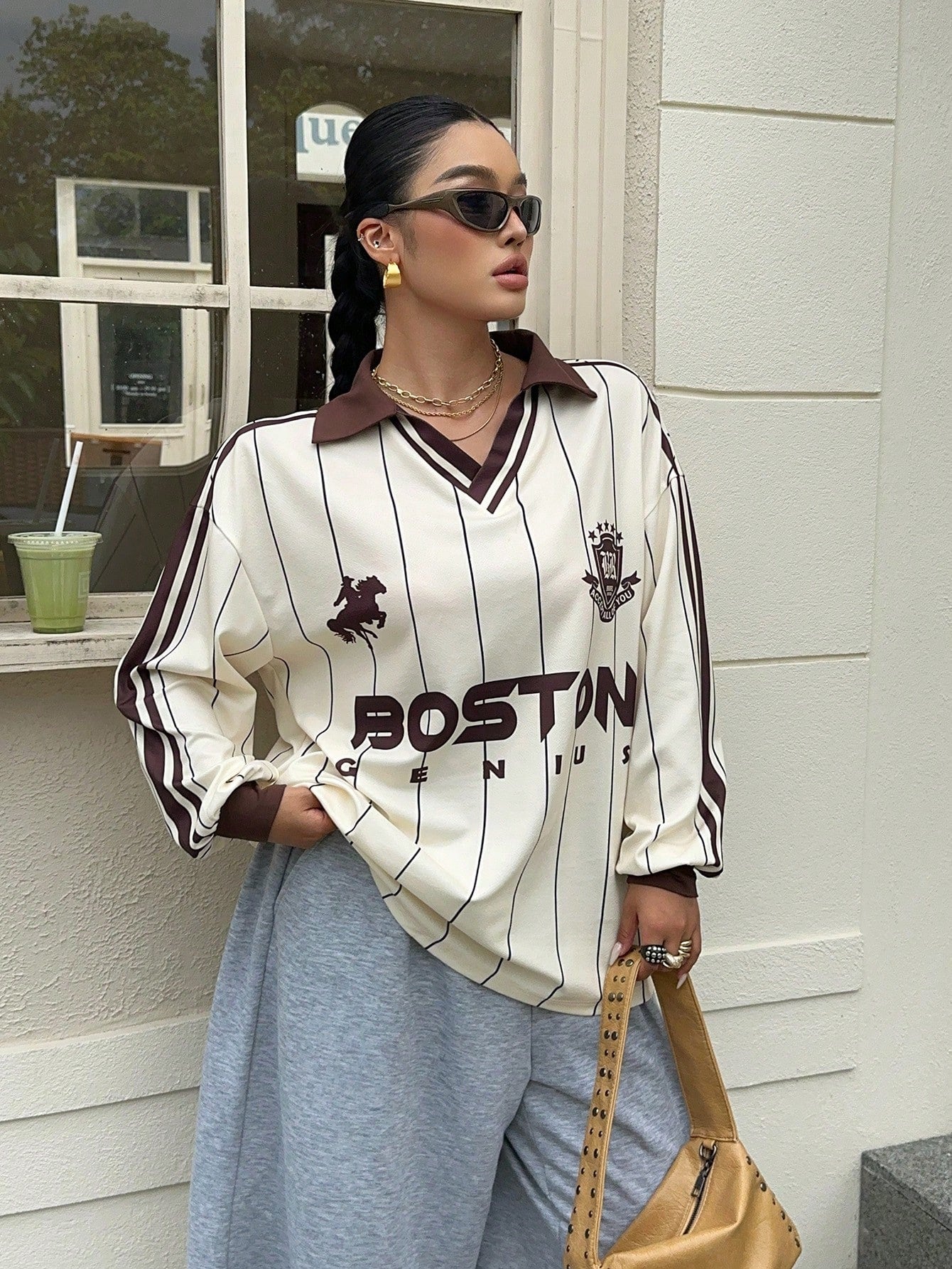 Muchica Casual Women's Plus Size Striped Drop Shoulder Long Sleeve T-Shirt Fall