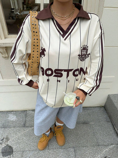 Muchica Casual Women's Plus Size Striped Drop Shoulder Long Sleeve T-Shirt Fall