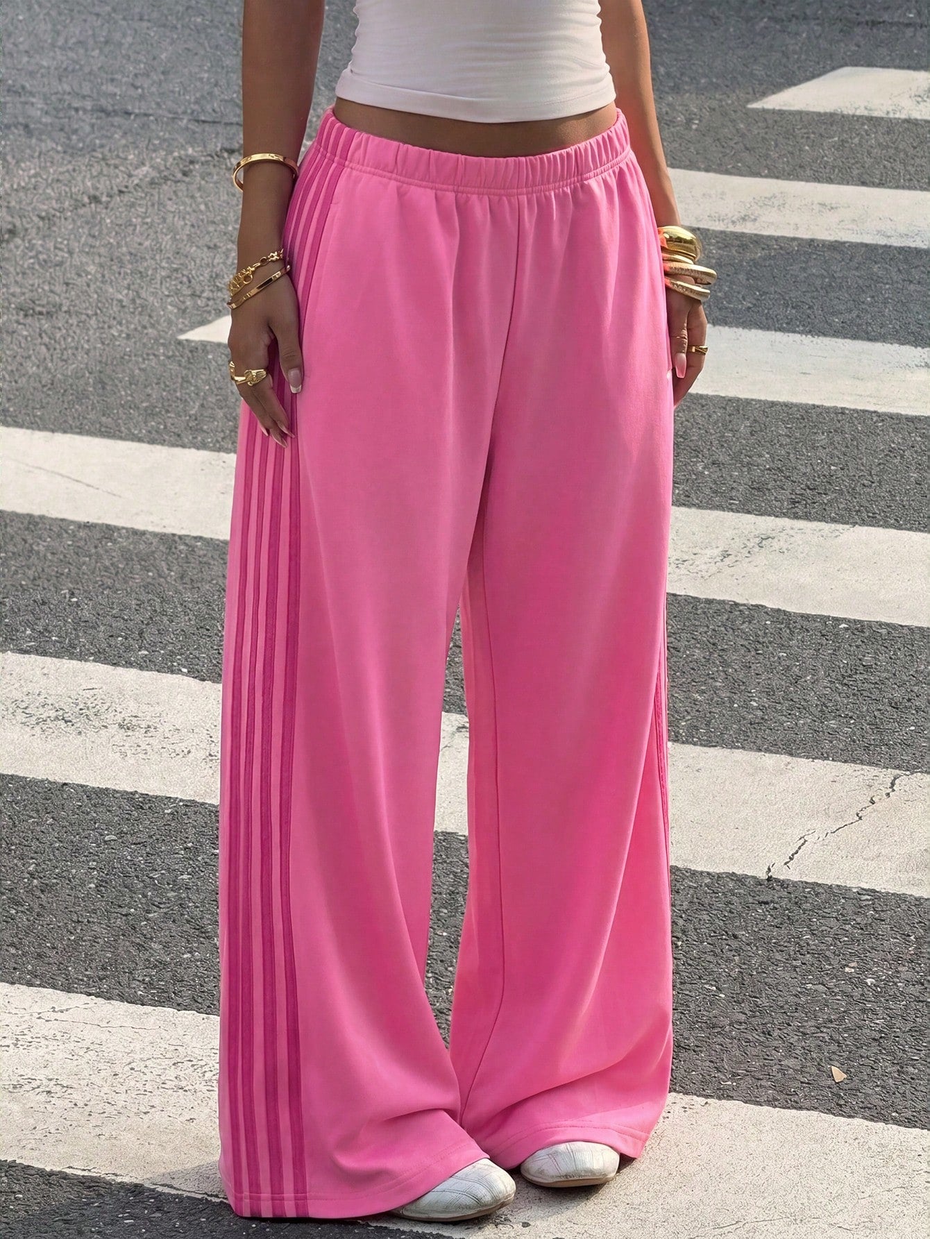Muchica Rose Red Knit Patchwork Pink Ribbon Wide Leg Casual Sweatpants For Women