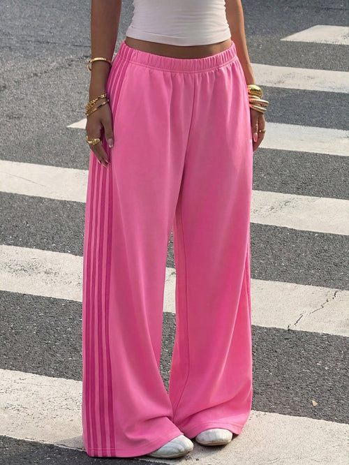 Muchica Rose Red Knit Patchwork Pink Ribbon Wide Leg Casual Sweatpants For Women