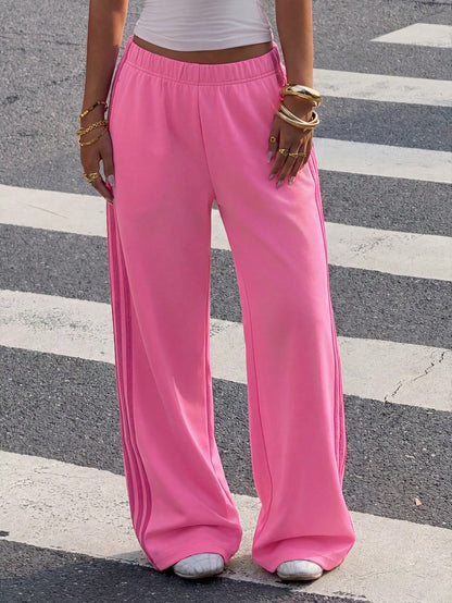 Muchica Rose Red Knit Patchwork Pink Ribbon Wide Leg Casual Sweatpants For Women