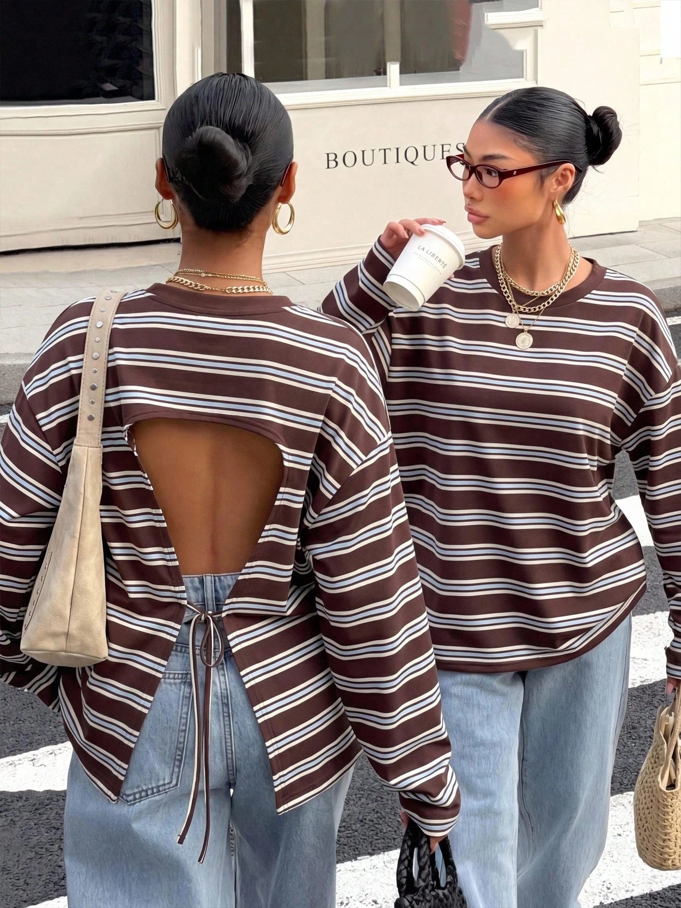 Muchica Women's Casual Minimalist Retro Brown Striped Loose Backless Tie Long Sleeve T-Shirt, Suitable For Outings, Back To School, Streetwear, Backless Top, Autumn Top, Suitable For Daily Commute, Da