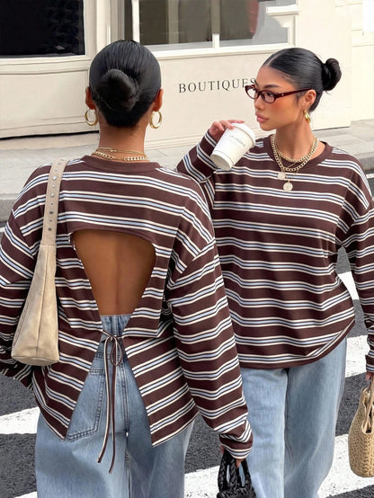 Muchica Women's Casual Minimalist Retro Brown Striped Loose Backless Tie Long Sleeve T-Shirt, Suitable For Outings, Back To School, Streetwear, Backless Top, Autumn Top, Suitable For Daily Commute, Da