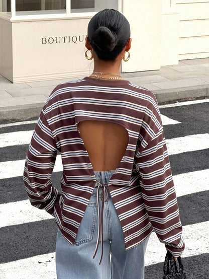 Muchica Women's Casual Minimalist Retro Brown Striped Loose Backless Tie Long Sleeve T-Shirt, Suitable For Outings, Back To School, Streetwear, Backless Top, Autumn Top, Suitable For Daily Commute, Da