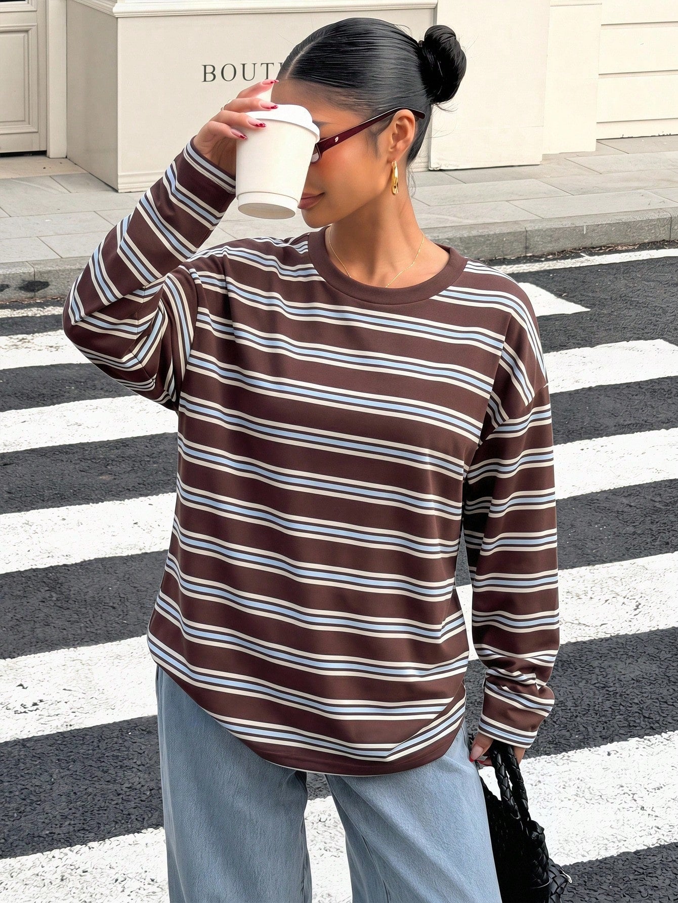 Muchica Women's Casual Minimalist Retro Brown Striped Loose Backless Tie Long Sleeve T-Shirt, Suitable For Outings, Back To School, Streetwear, Backless Top, Autumn Top, Suitable For Daily Commute, Da