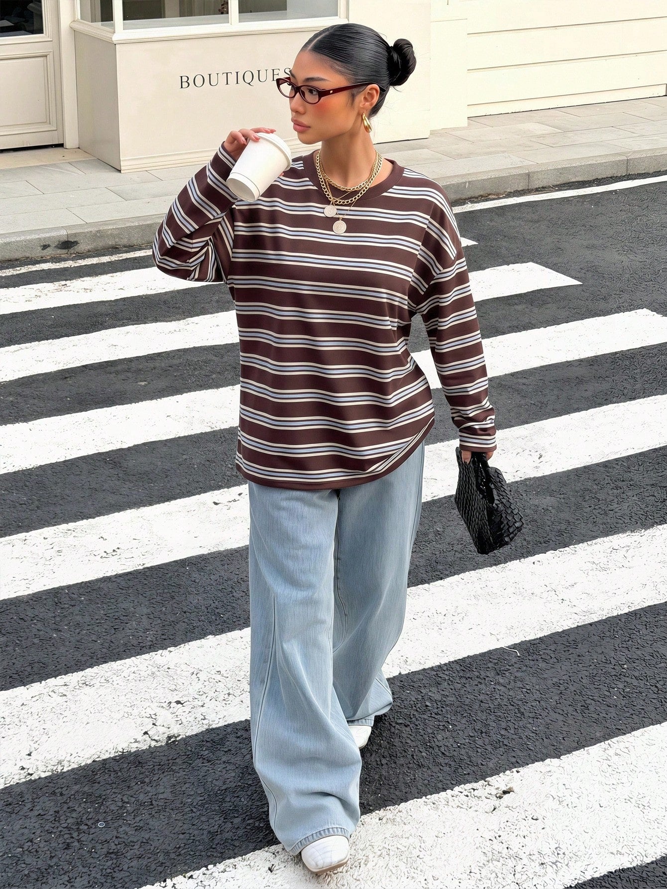 Muchica Women's Casual Minimalist Retro Brown Striped Loose Backless Tie Long Sleeve T-Shirt, Suitable For Outings, Back To School, Streetwear, Backless Top, Autumn Top, Suitable For Daily Commute, Da