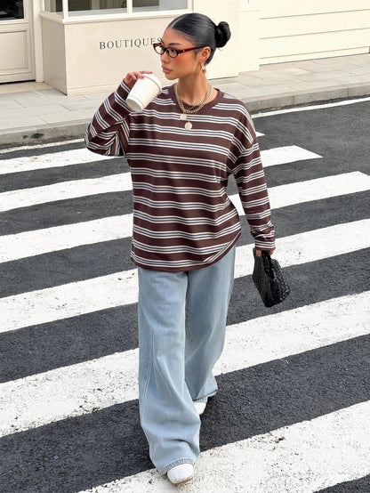 Muchica Women's Casual Minimalist Retro Brown Striped Loose Backless Tie Long Sleeve T-Shirt, Suitable For Outings, Back To School, Streetwear, Backless Top, Autumn Top, Suitable For Daily Commute, Da
