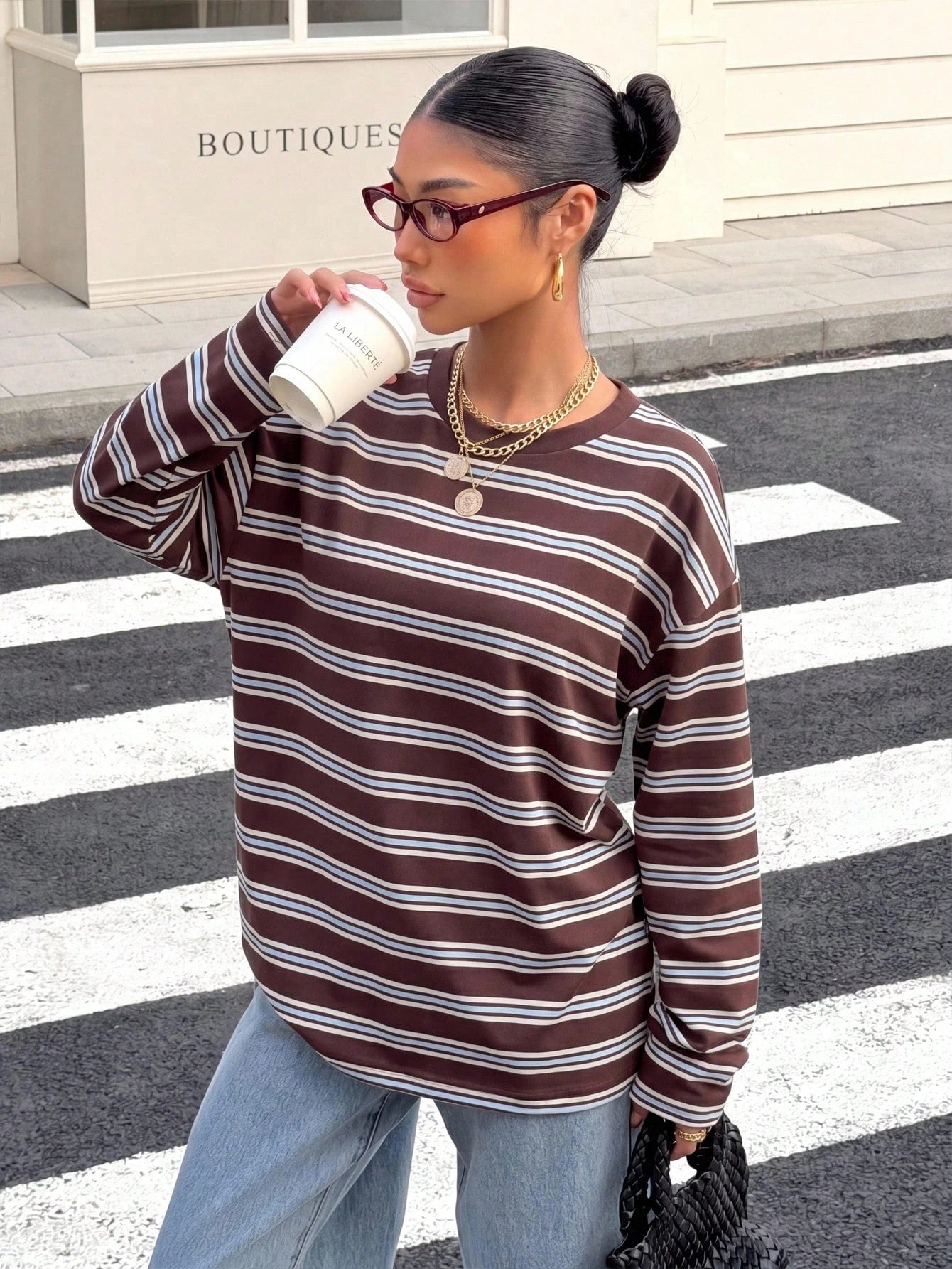 Muchica Women's Casual Minimalist Retro Brown Striped Loose Backless Tie Long Sleeve T-Shirt, Suitable For Outings, Back To School, Streetwear, Backless Top, Autumn Top, Suitable For Daily Commute, Da