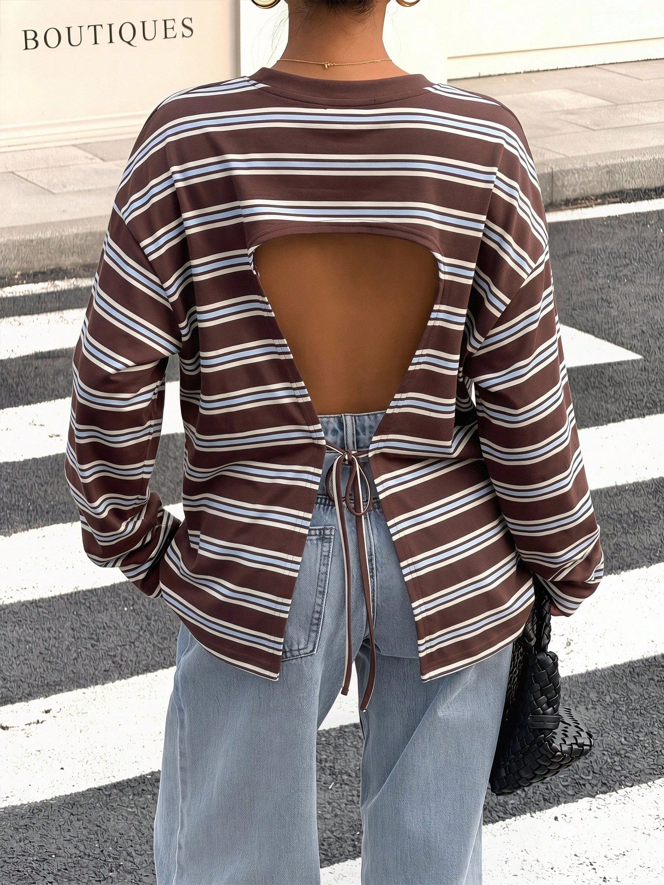Muchica Women's Casual Minimalist Retro Brown Striped Loose Backless Tie Long Sleeve T-Shirt, Suitable For Outings, Back To School, Streetwear, Backless Top, Autumn Top, Suitable For Daily Commute, Da