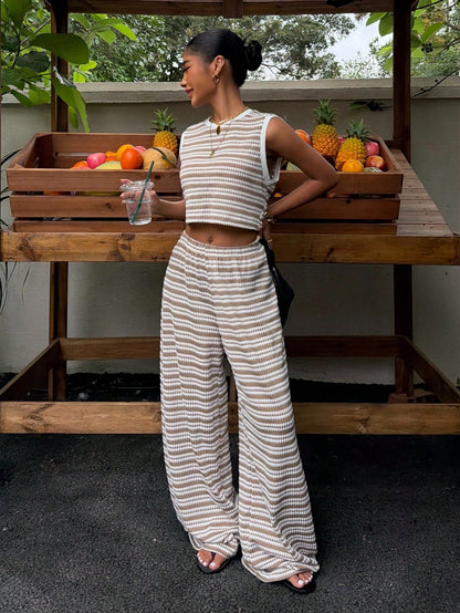 Muchica Women's Summer White And Brown Stripe Knit 2-Piece Outfit, Sleeveless Crop Top Wide Leg Pants Co-Ord, Casual Resort Holiday Set, Vacation Outfits
