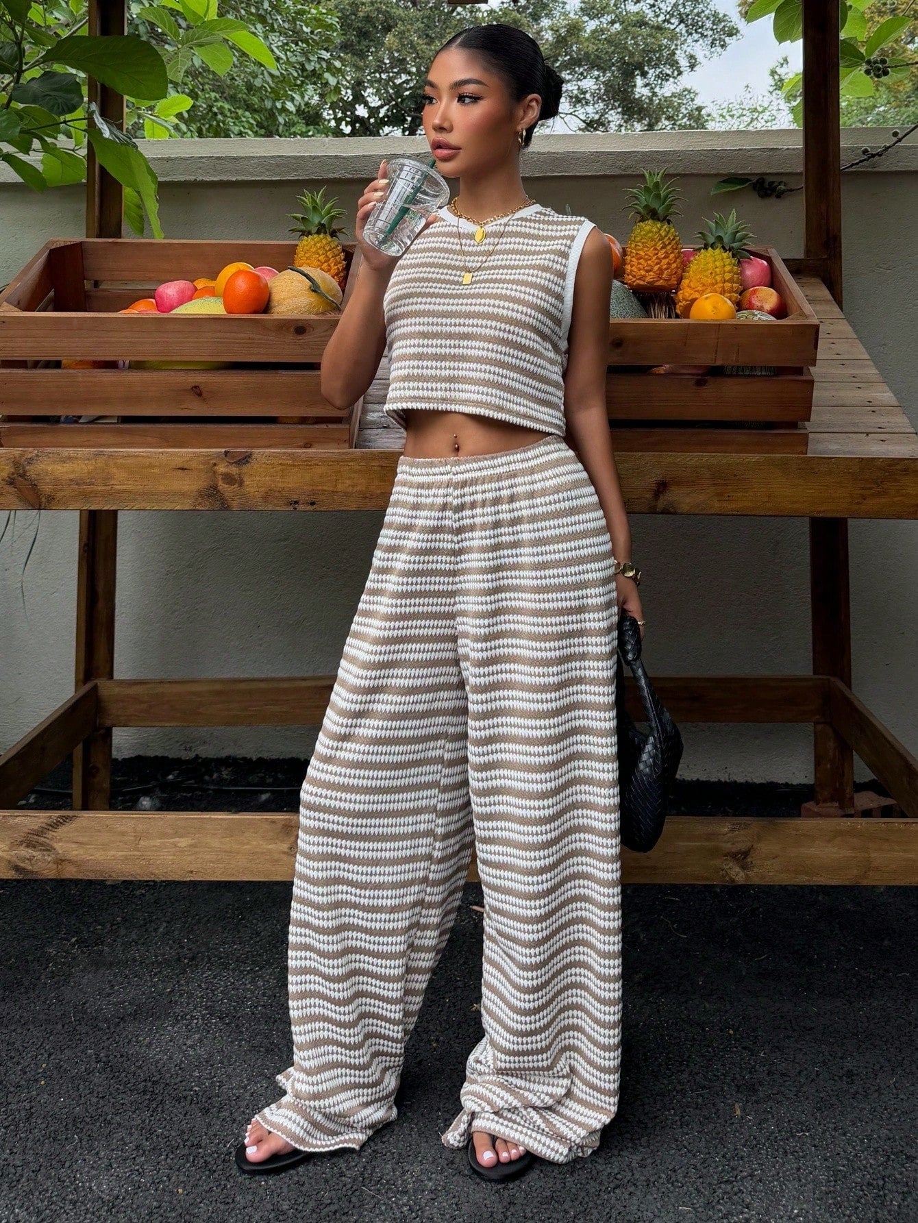 Muchica Women's Summer White And Brown Stripe Knit 2-Piece Outfit, Sleeveless Crop Top Wide Leg Pants Co-Ord, Casual Resort Holiday Set, Vacation Outfits