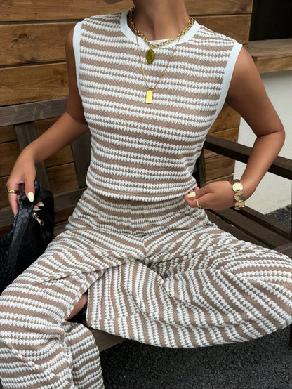 Muchica Women's Summer White And Brown Stripe Knit 2-Piece Outfit, Sleeveless Crop Top Wide Leg Pants Co-Ord, Casual Resort Holiday Set, Vacation Outfits