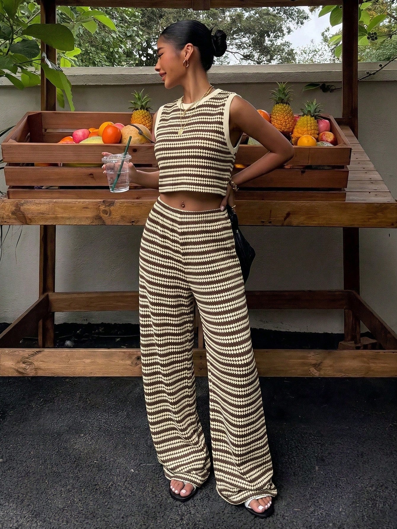 Muchica Women's Summer White And Brown Stripe Knit 2-Piece Outfit, Sleeveless Crop Top Wide Leg Pants Co-Ord, Casual Resort Holiday Set, Vacation Outfits