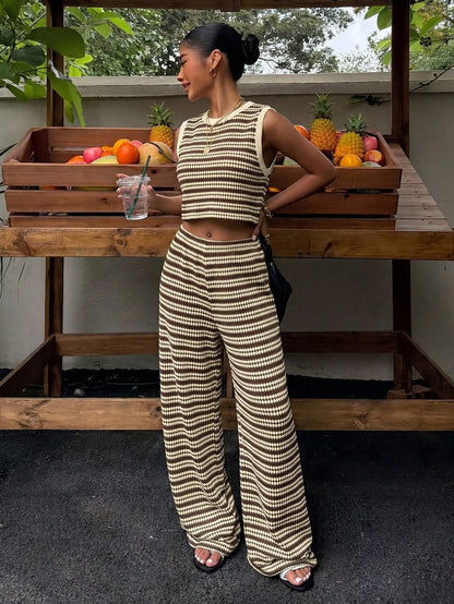 Muchica Women's Summer White And Brown Stripe Knit 2-Piece Outfit, Sleeveless Crop Top Wide Leg Pants Co-Ord, Casual Resort Holiday Set, Vacation Outfits